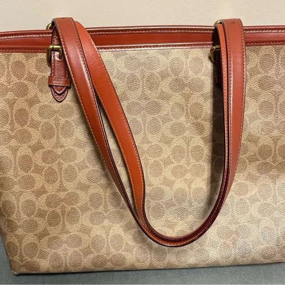 Coach Gallery Tote Signature Canvas Khaki Saddle Laptop Bag - Picture 2 of 5